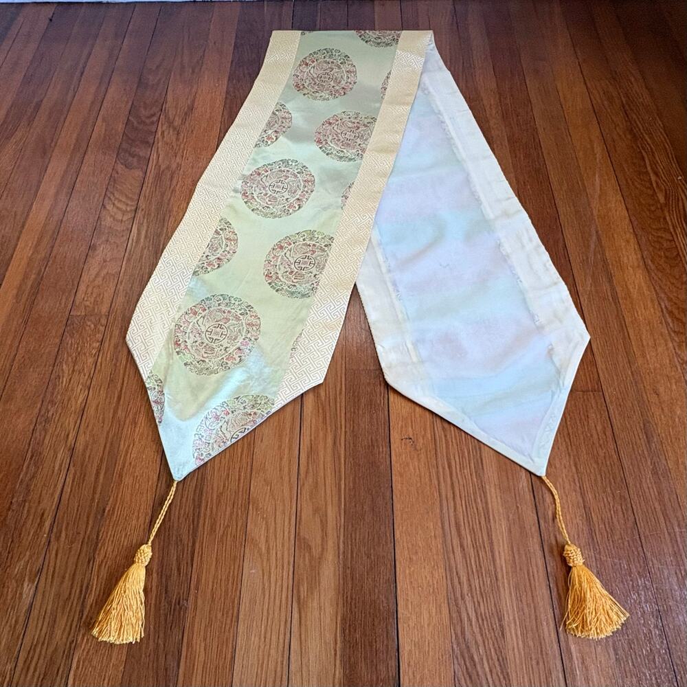 Vintage Asian Silk Brocade Table Runner Gold Tassels Chinoiserie